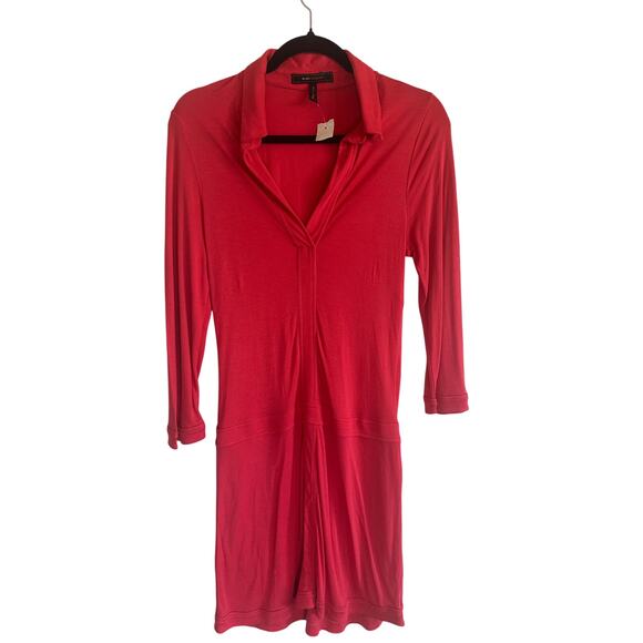 BCBG Max Azria Women's Red Collared Wrap Dress 3/4 Sleeve Stretchy Midi Size 12 - Picture 2 of 11